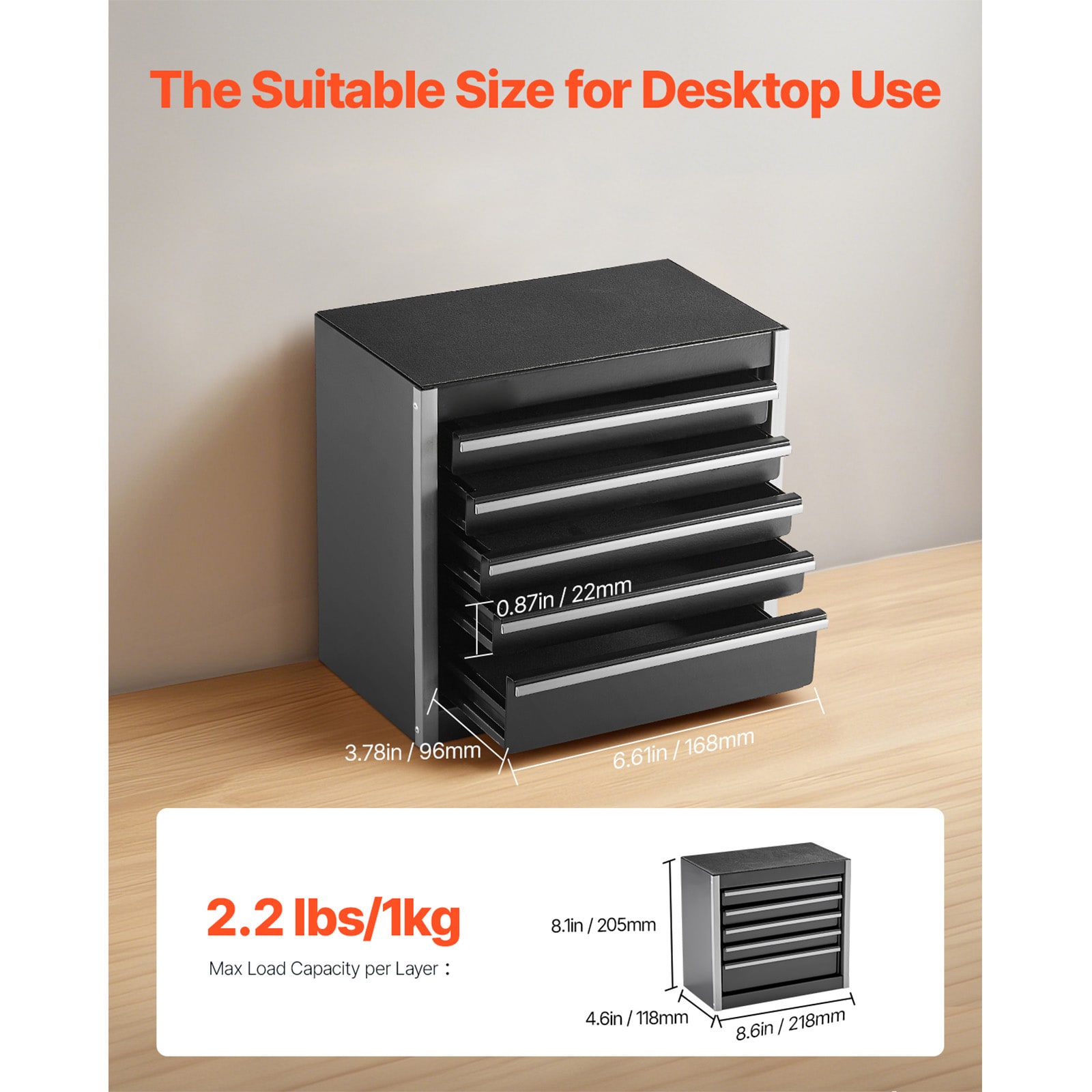 Tool Box 8.6-inch Portable Metal Tool Box With 5 Drawers Tool Organizer Black_voghion.com